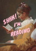 Shhh I'm Reading by Jonas Loose - pink brush capitals over a young woman in a yellow dress reading a book