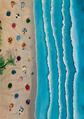 Siesta at the beach by KG Studio - coloured parasols on pale sand beside four lines of turquoise surf from above