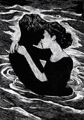 Black and white illustration of a couple embracing in water, featured on Silhuet Lovers by Martin Zen.