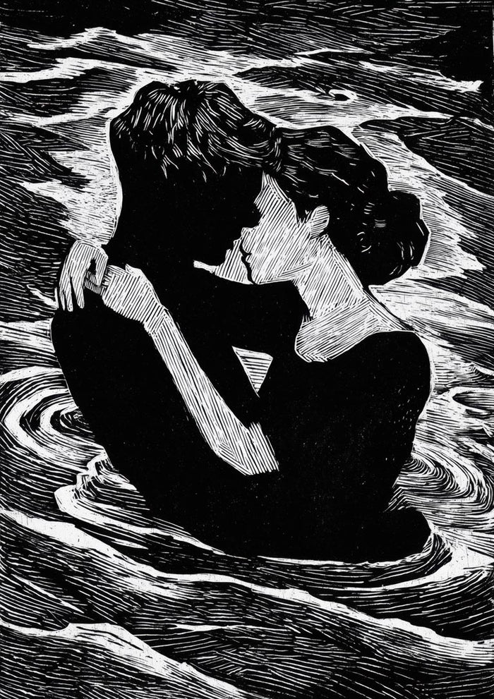 Black and white illustration of a couple embracing in water, featured on Silhuet Lovers by Martin Zen.