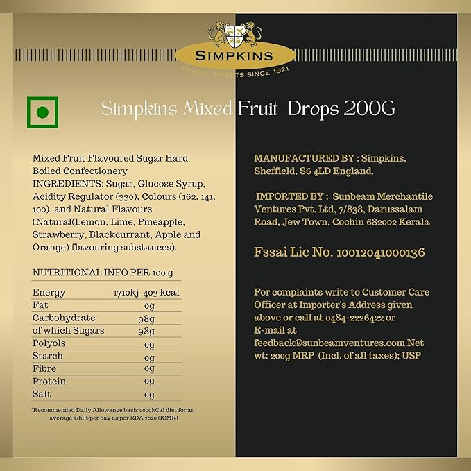 Simpkins Travel Sweet, Mixed Fruit Drops, 200g