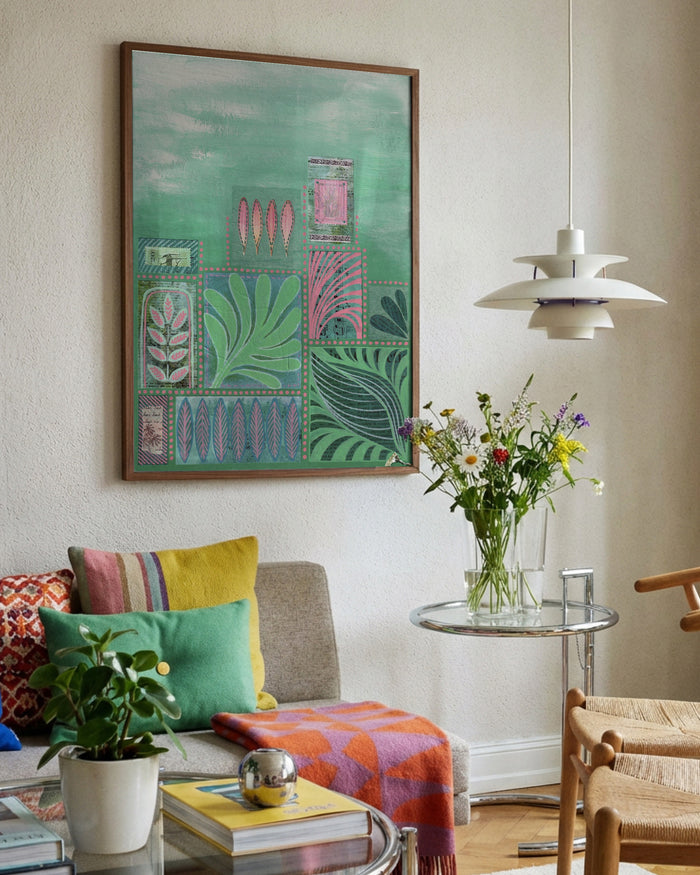 Sintra Botanical Grid by Enikő Marosváry-Kramcsák framed in a bright living room