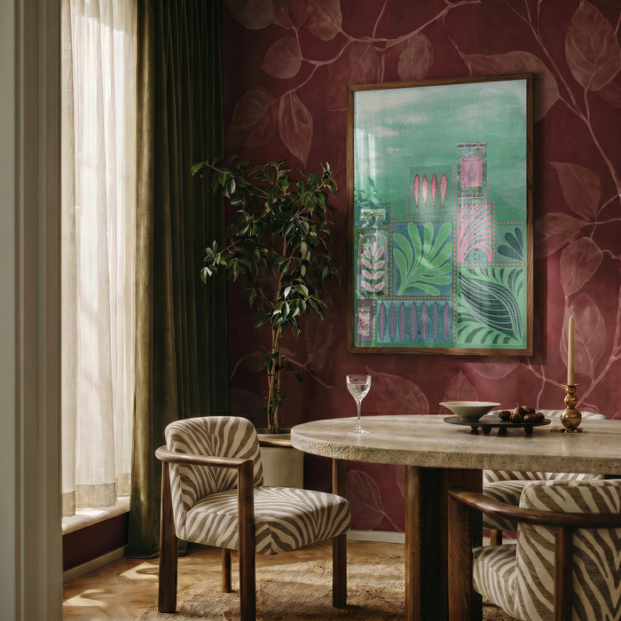 Sintra Botanical Grid by Enikő Marosváry-Kramcsák framed on a deep red patterned wall