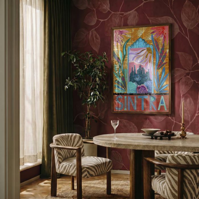 Sintra Dream by Enikő Marosváry-Kramcsák framed on a deep red patterned wall