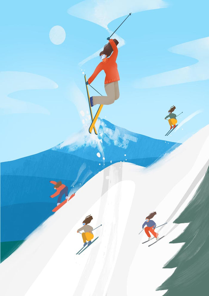 Illustration of girls skiing on a snowy mountain, with one girl jumping high in mid-air under a bright blue sky.