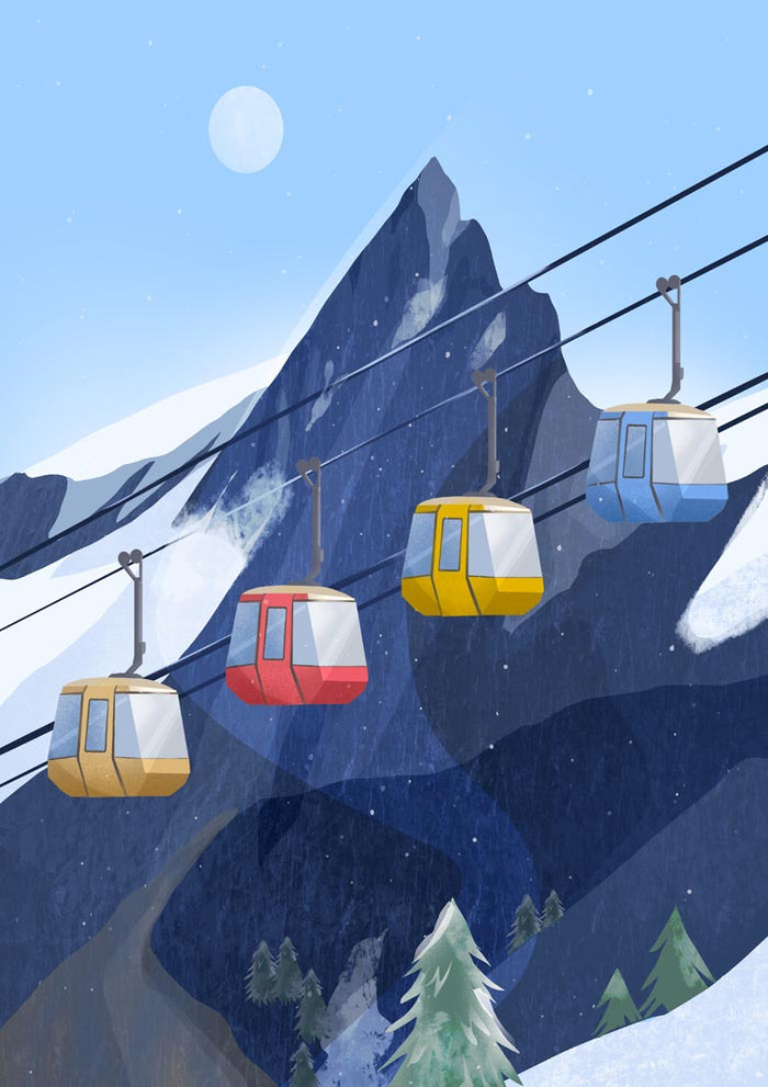 Four colorful ski lift cabins ascend a snowy mountain under a clear sky with rugged peaks in the background.