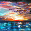 Sky meets Sea by Debbie Seenan - gold sunset over turquoise sea under pink and purple clouds