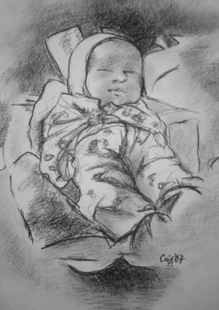 Sleeping Baby by Cristina Iacob - a sleeping child in a bonnet drawn in charcoal on white paper