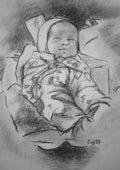 Sleeping Baby by Cristina Iacob - a sleeping child in a bonnet drawn in charcoal on white paper