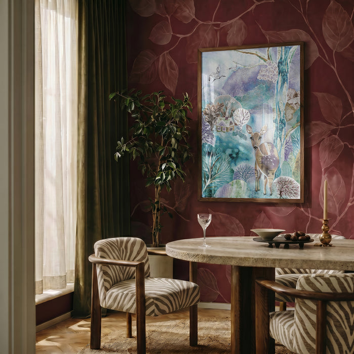 Snow Queen by Enikő Marosváry-Kramcsák framed on a deep red patterned wall