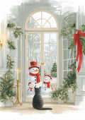 A cat looks out a window at two smiling snowmen in a festive, holiday-themed room decorated with greenery and ribbons.
