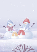 Illustration of a smiling snowman family with scarves and hats, sitting together in a snowy winter landscape.