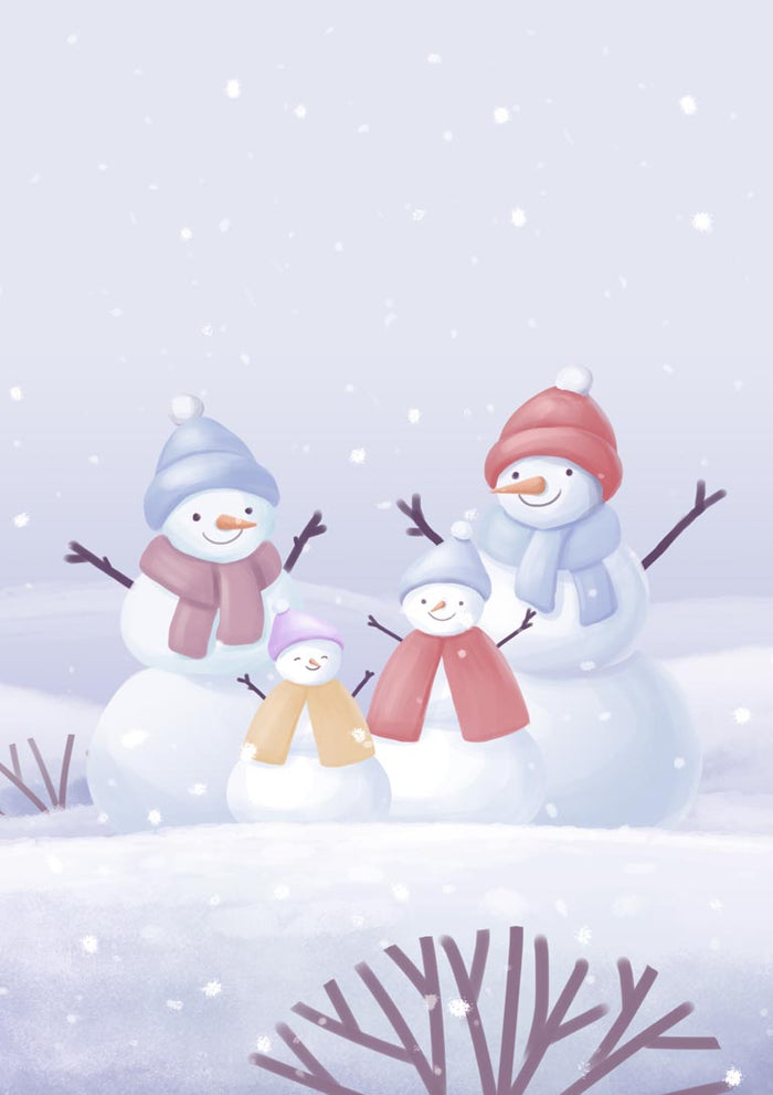 Illustration of a smiling snowman family with scarves and hats, sitting together in a snowy winter landscape.
