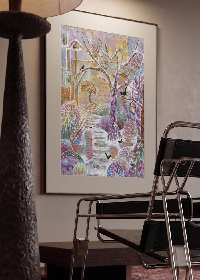 Snowy Sanctuary by Enikő Marosváry-Kramcsák in a mounted frame in a modern interior