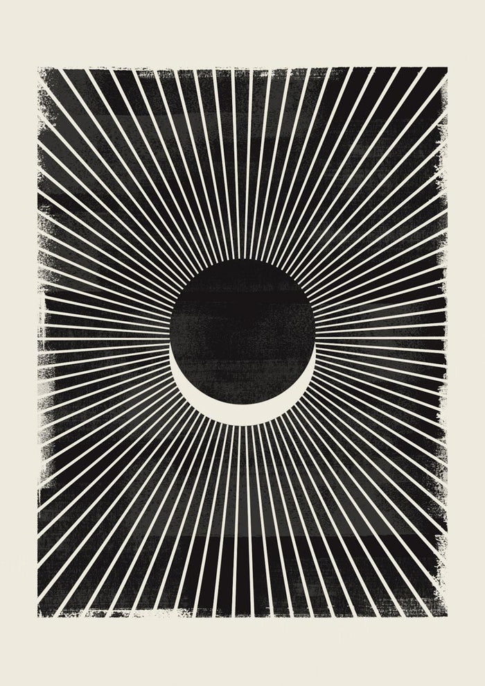 Abstract eclipse poster with a dark central circle, white crescent, and radiating lines on a textured background.
