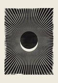 Abstract eclipse poster with a dark central circle, white crescent, and radiating lines on a textured background.