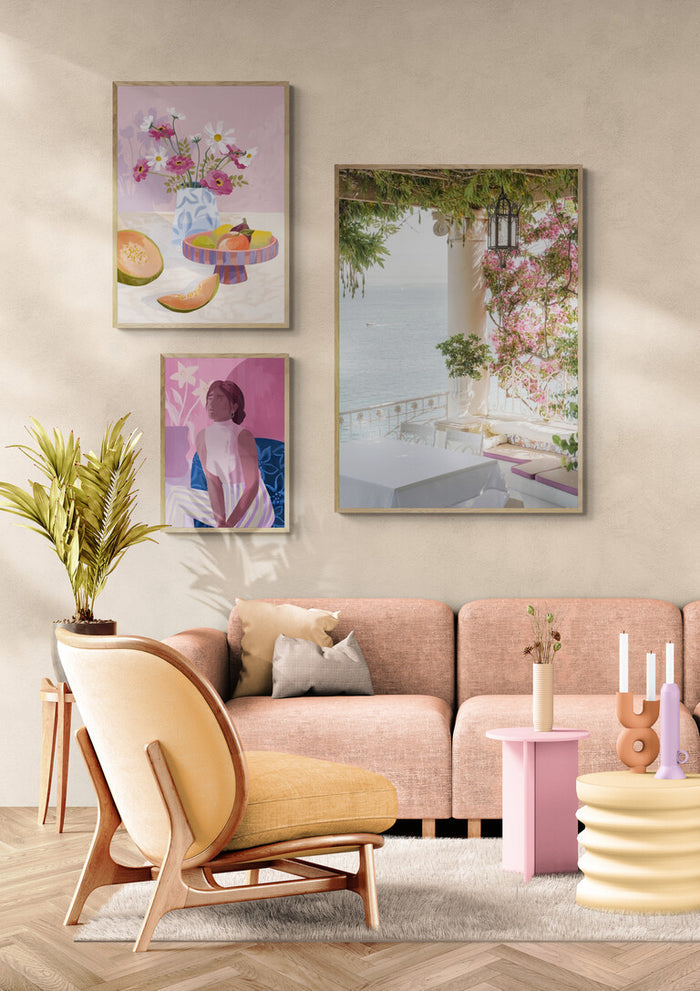 Modern Sorrento Vibes living room with pastel furniture, indoor plant, and floral wall art.