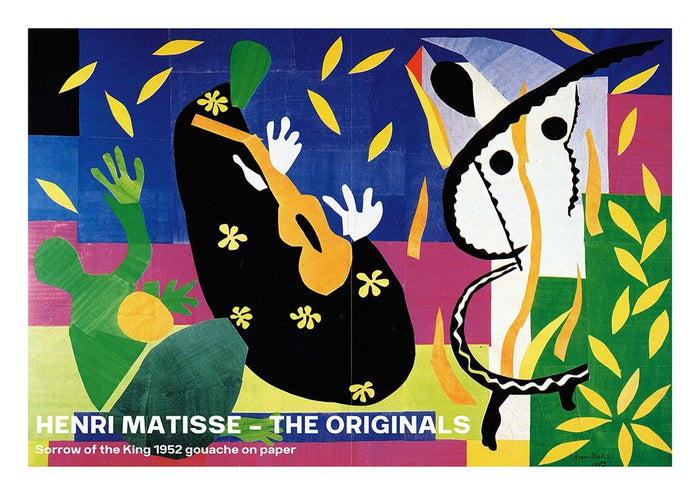 Colorful abstract collage with bold shapes and figures from Sorrow of The King 1952 by Henri Matisse.