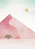 Minimalist art of Sossusvlei: pink sand dune, single tree in foreground, sun in pale sky. Art by Henry Rivers.