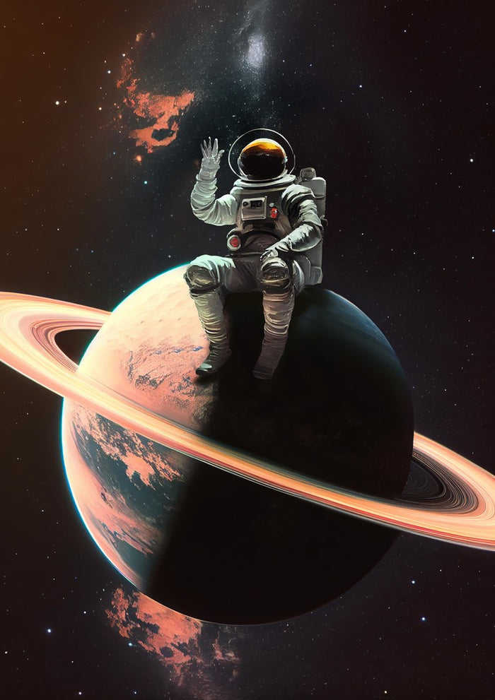 Space Safe by Dikhotomy - astronaut waving while sitting on a ringed planet in a starry black sky