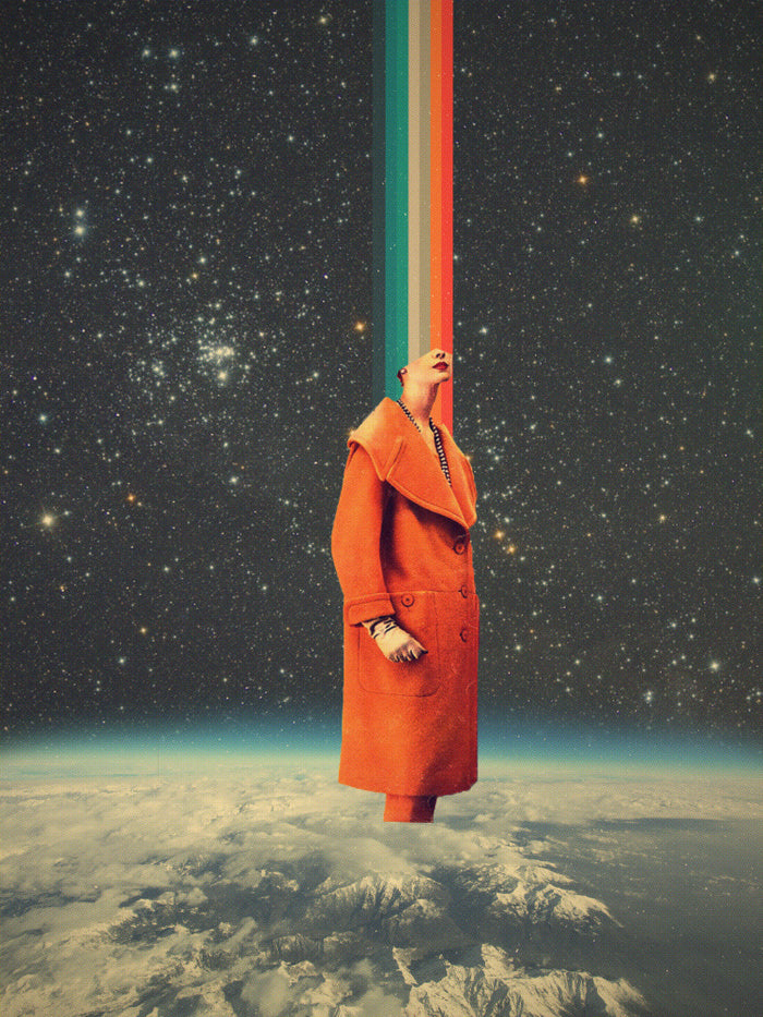 Surreal art of person in orange coat on snowy ground, with colorful beams extending from head into starry space.