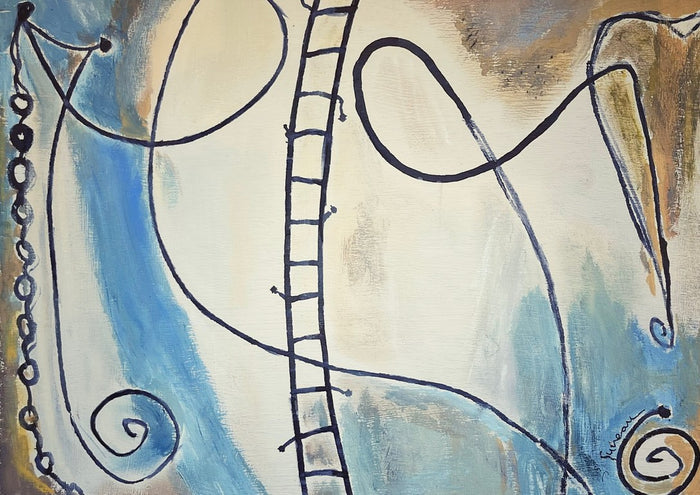 Stairway to Heaven by Art Guveau - abstract painting with a black ladder and looping lines on blue and cream