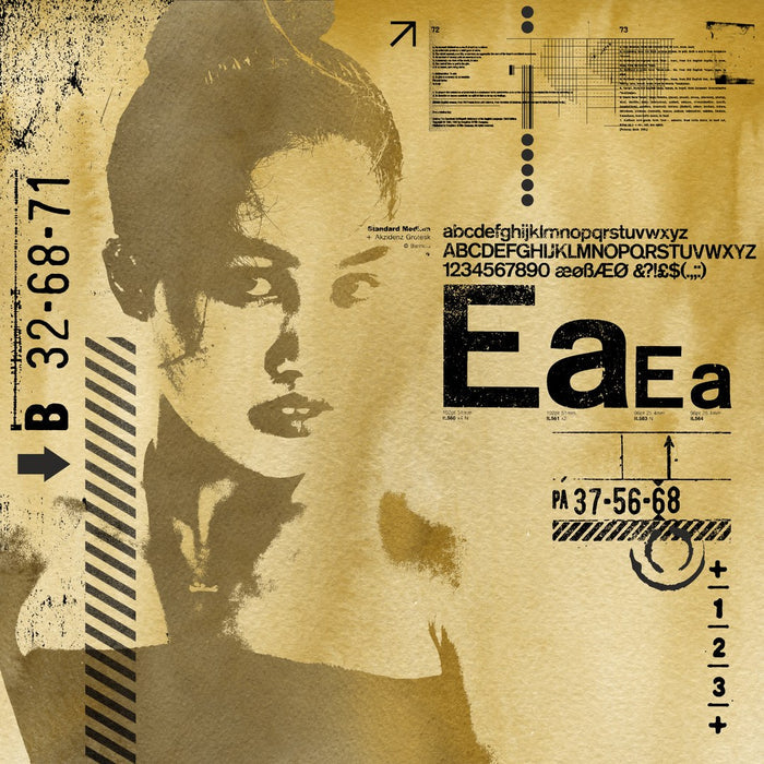 Standard Medium by Dada - a beehived woman beside an Akzidenz Grotesk type specimen on a sepia sheet
