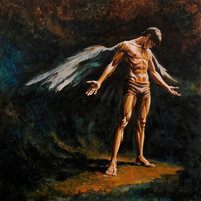 Standing Angel by VanW - a bowed winged man with open hands against a dark green-brown ground