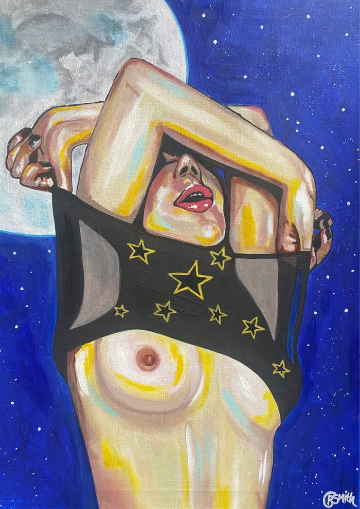 Stars and Moon by Art By Biba - a figure in a gold-starred black top against a deep blue sky and a full moon
