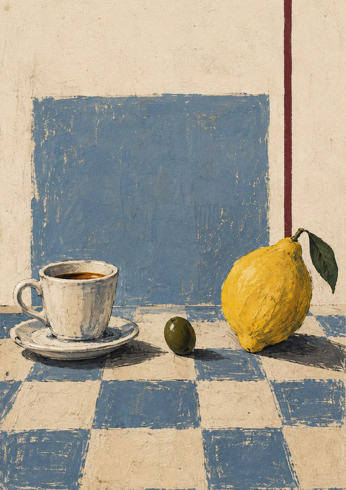 Still Life With Attitude by Matthews Gallerie — espresso cup, green olive and a large yellow lemon on a blue checkerboard table