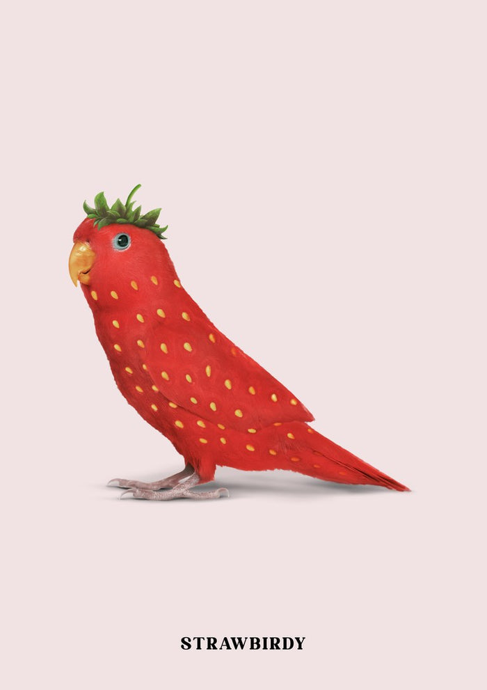 Strawbirdy by Jonas Loose - a parrot with the scarlet seeded skin of a strawberry on pale pink