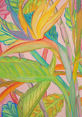 Strelitzia rossa by Maria Emanuela Fiori - an orange bird of paradise among broad green leaves on pale pink