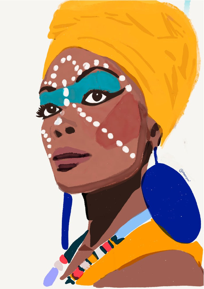 Strength and Grace by Monyuri - portrait of a woman in a yellow head wrap with turquoise face paint