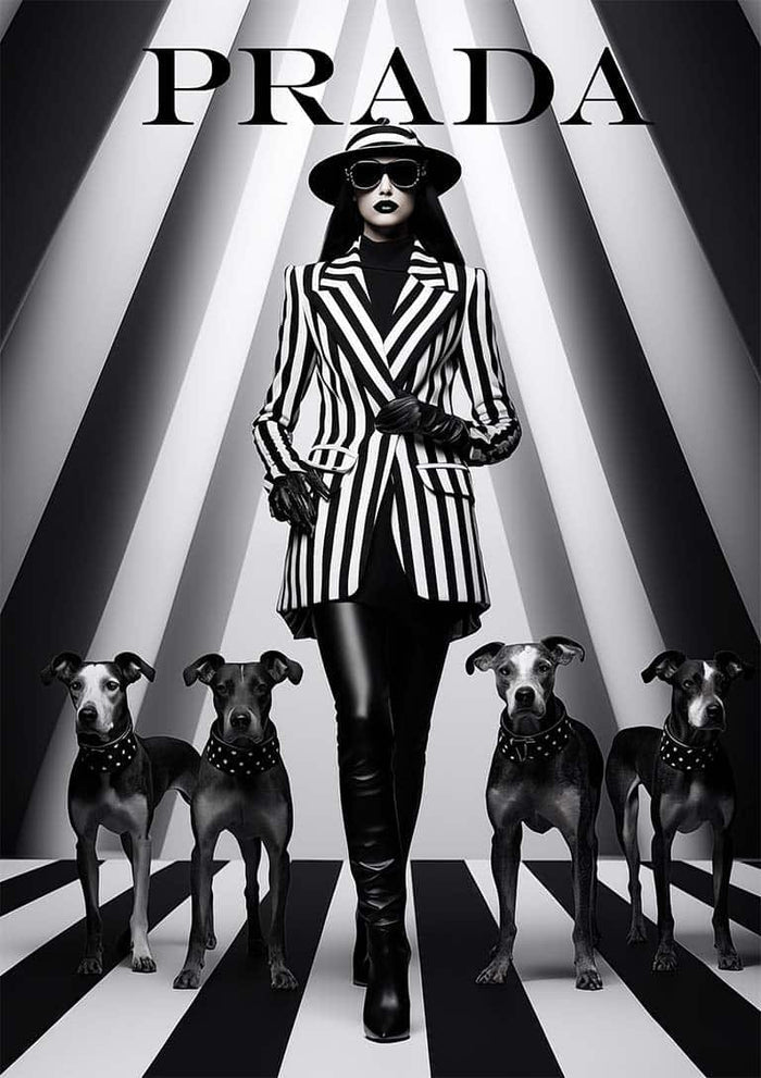 Model in a black and white striped suit with four dogs, promoting Stripes by Prada on a bold striped background.