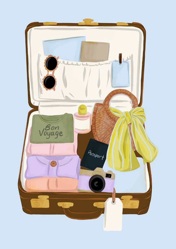 Suitcase poster by Lisen Vennesland with an open brown vintage suitcase packed for a holiday on a light blue background