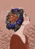 Profile of a woman with flowers in her hair, set against a muted pink background. Summer Night -Treechild art.