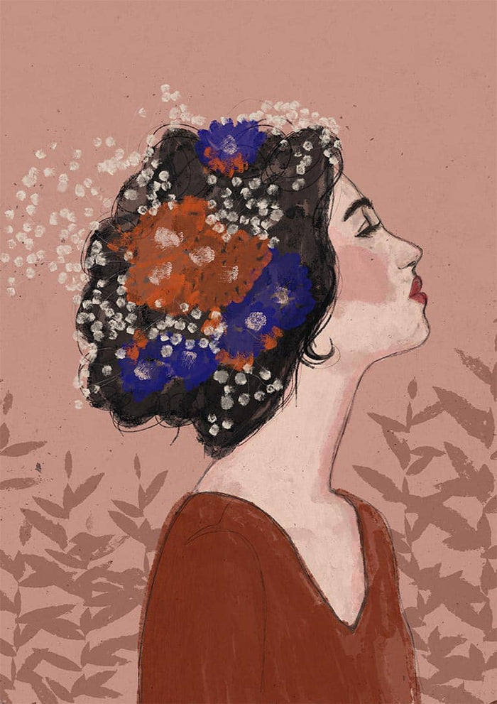 Profile of a woman with flowers in her hair, set against a muted pink background. Summer Night -Treechild art.