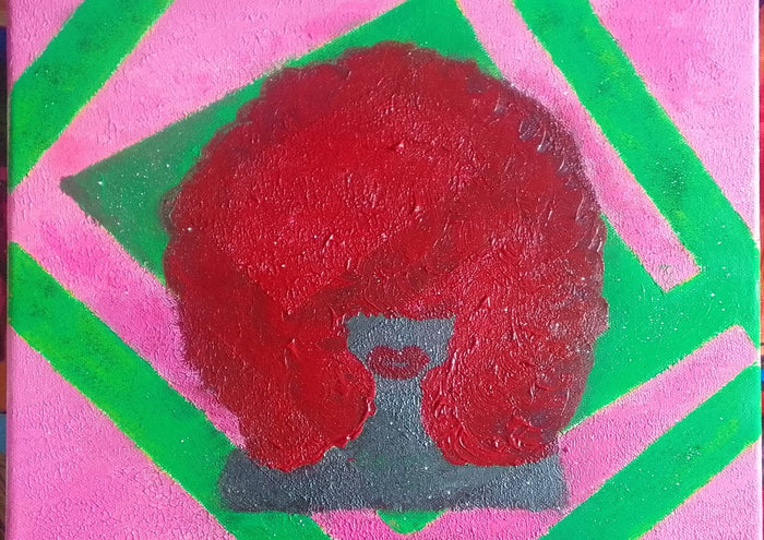 Sumptous by Naïve Art by YLR - a slate grey face under a deep red impasto afro on hot pink and green