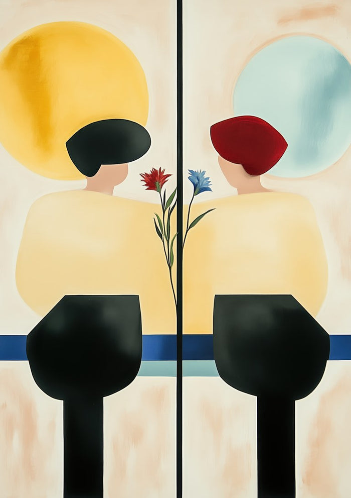 Sun Meets Moon by David Wolf two mirrored figures under a yellow sun and a pale blue moon