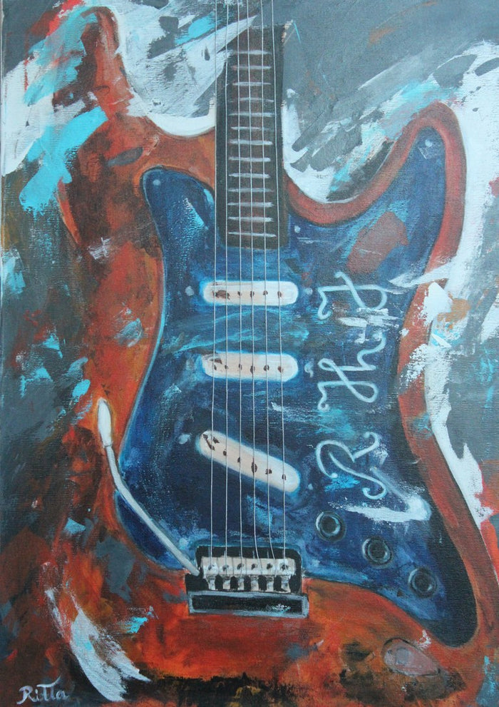 Sunburst Guitar by Ritta Henriques Jorge - an orange sunburst electric guitar with SRV lettering on a blue pickguard