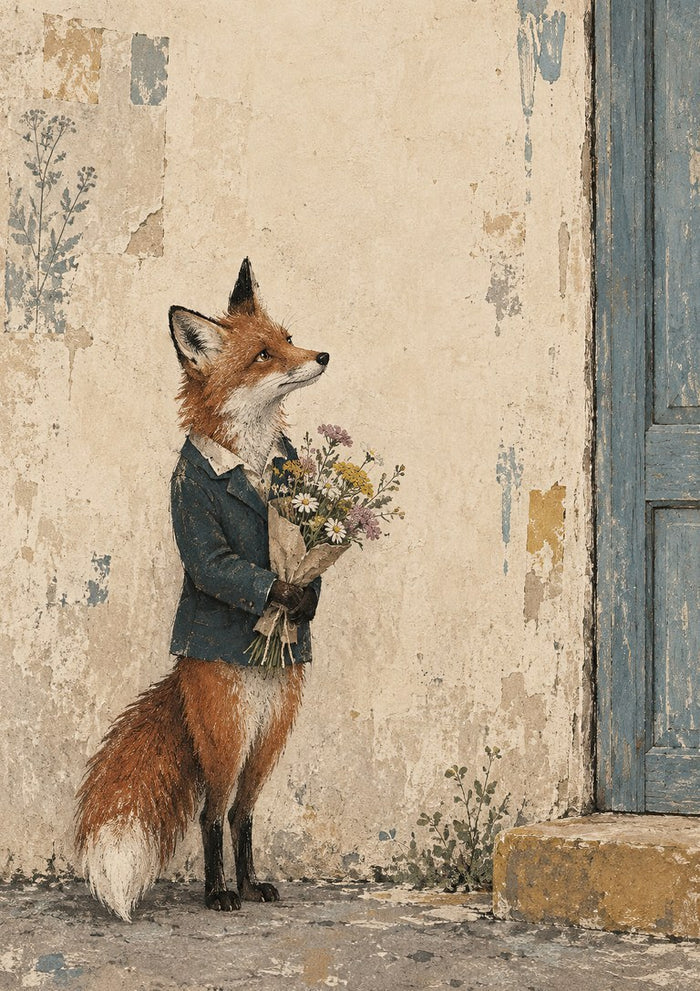 Sunday Best by Matthews Gallerie — a red fox in a blue jacket holding a wildflower bouquet beside a weathered blue door