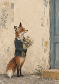 Sunday Best by Matthews Gallerie — a red fox in a blue jacket holding a wildflower bouquet beside a weathered blue door