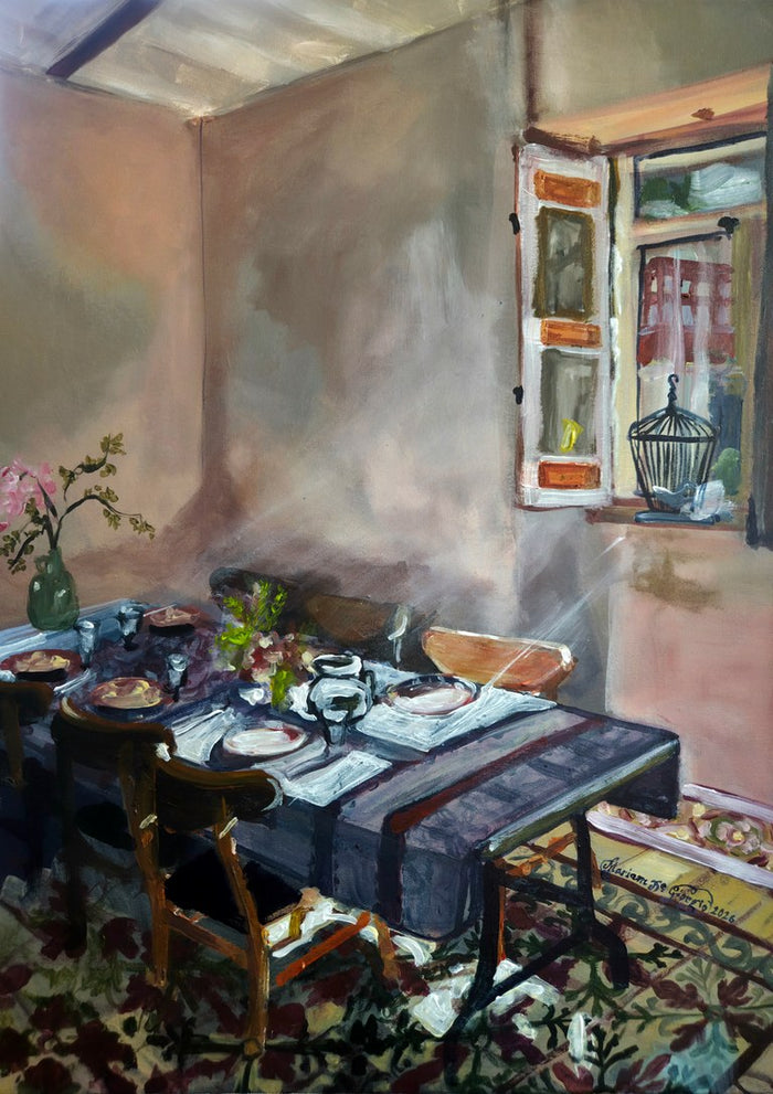 Sunday family gathering by Mariam De Giorgio — a long dining table laid with white plates and flowers in a rose-toned room