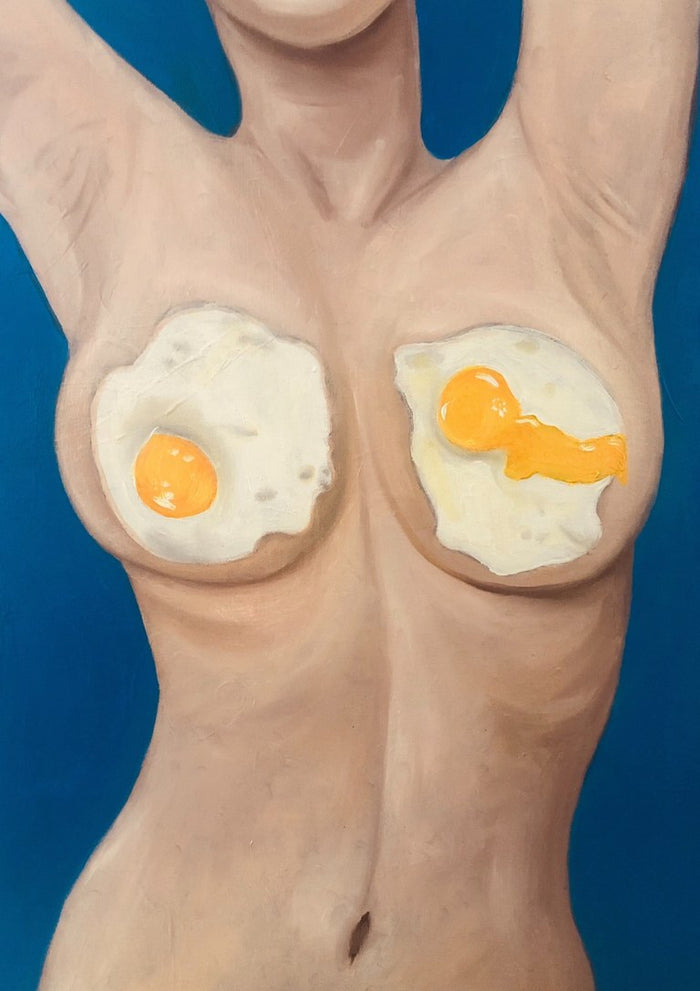 Sunny Side Up by Art By Biba - two fried eggs over a woman's torso on a deep blue ground