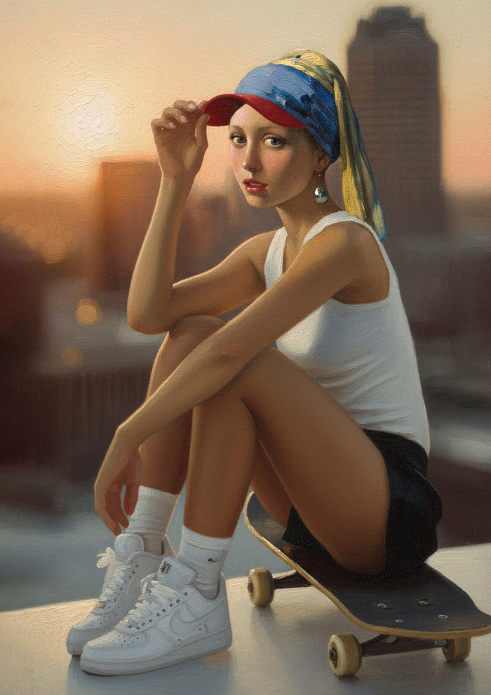 Sunset Pearl by Dikhotomy — Girl with a Pearl Earring with a skateboard on a rooftop at sunset