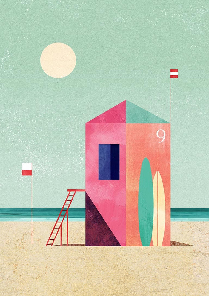Colorful surf hut with a surfboard on sandy beach, under sun and flags, by Henry Rivers.