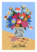 Art print of a floral bouquet with sushi rolls in a vase, displayed on Sushi Plante - Nina Broen product page.