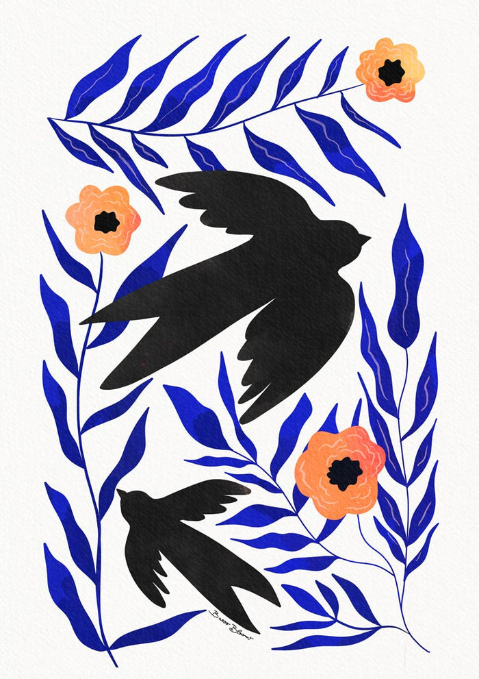 Two black swallows fly among blue leaves and orange flowers, representing Swallow Flowers - Baroo Bloom.