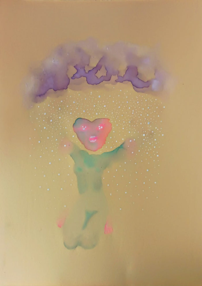 Sweet by Alice Ruja — a kneeling mint-green figure with a coral heart for a head, under a lilac cloud raining white dots.