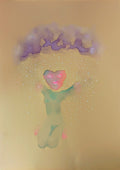 Sweet by Alice Ruja — a kneeling mint-green figure with a coral heart for a head, under a lilac cloud raining white dots.